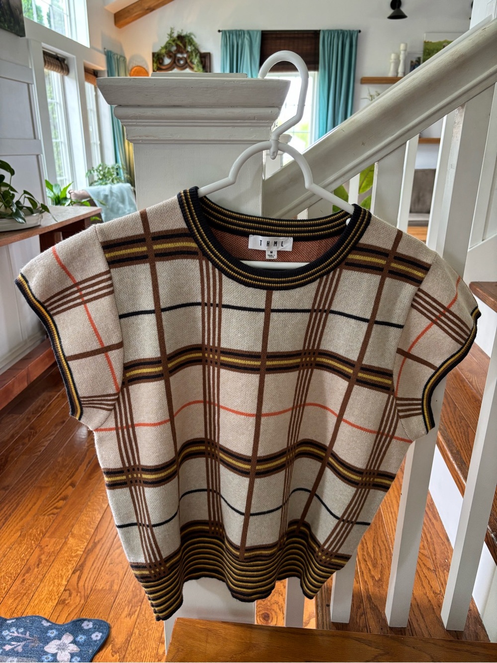 THML Plaid Knit short sleeve Sweater cream and brown stripe